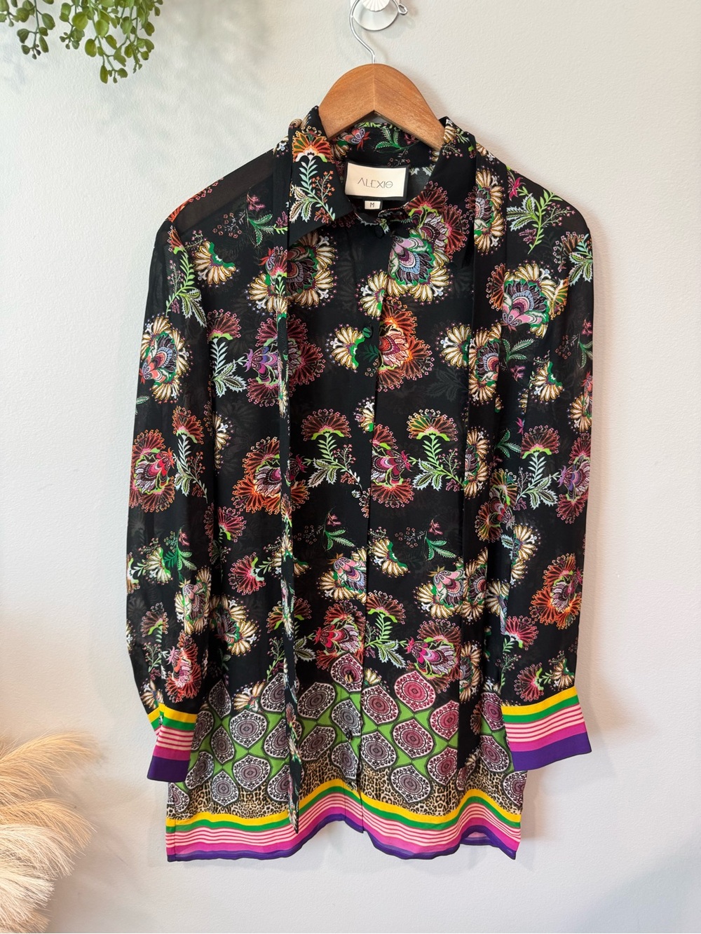 Alexis Black Floral Tie-Neck Sheer Mini Dress/Tunic with Multicolor Border Sz M
